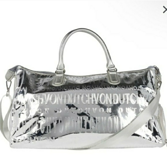 NWT! Von Dutch Metallic Silver Mirrored Weekender Gym Duffel Bag (Retail $379) - Picture 8 of 15